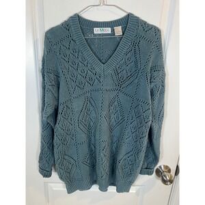 Le Moda Womens Sweater Pointelle Knit Diamond Pattern Blue Green Size S